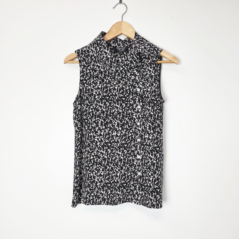 Creatures of the Wind 100% Silk Black & White Abstract Print Mock Neck Top Sz 2